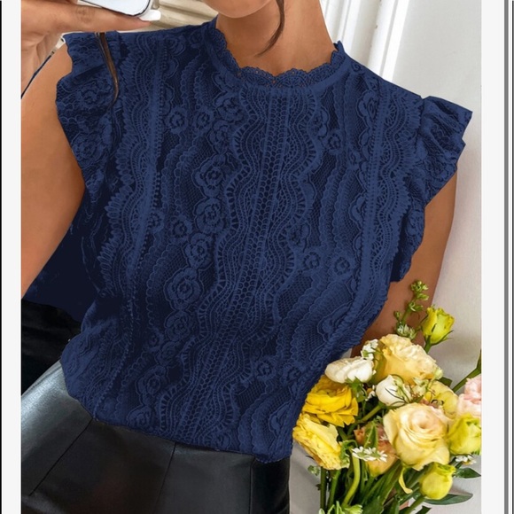 Tops - Boho Floral Mesh Lace Butterfly Sleeve Top Blouse Blue